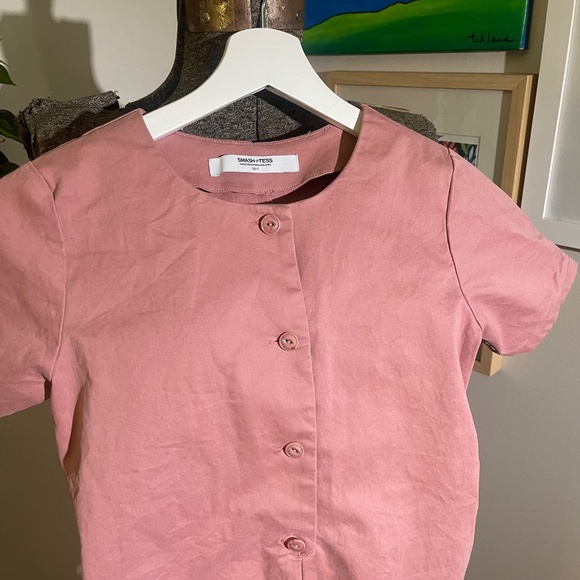 Smash + Tess Girls Pink Short-Sleeve Button-Front Cotton Jumpsuit - Picture 2 of 6